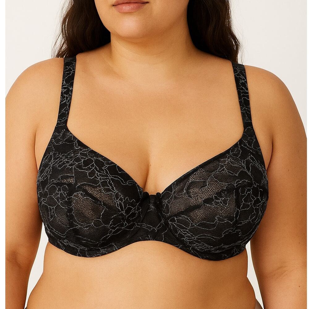 Cacique Black‎ Lace Embroidered Balconette Bra Underwire Bow Size 46D